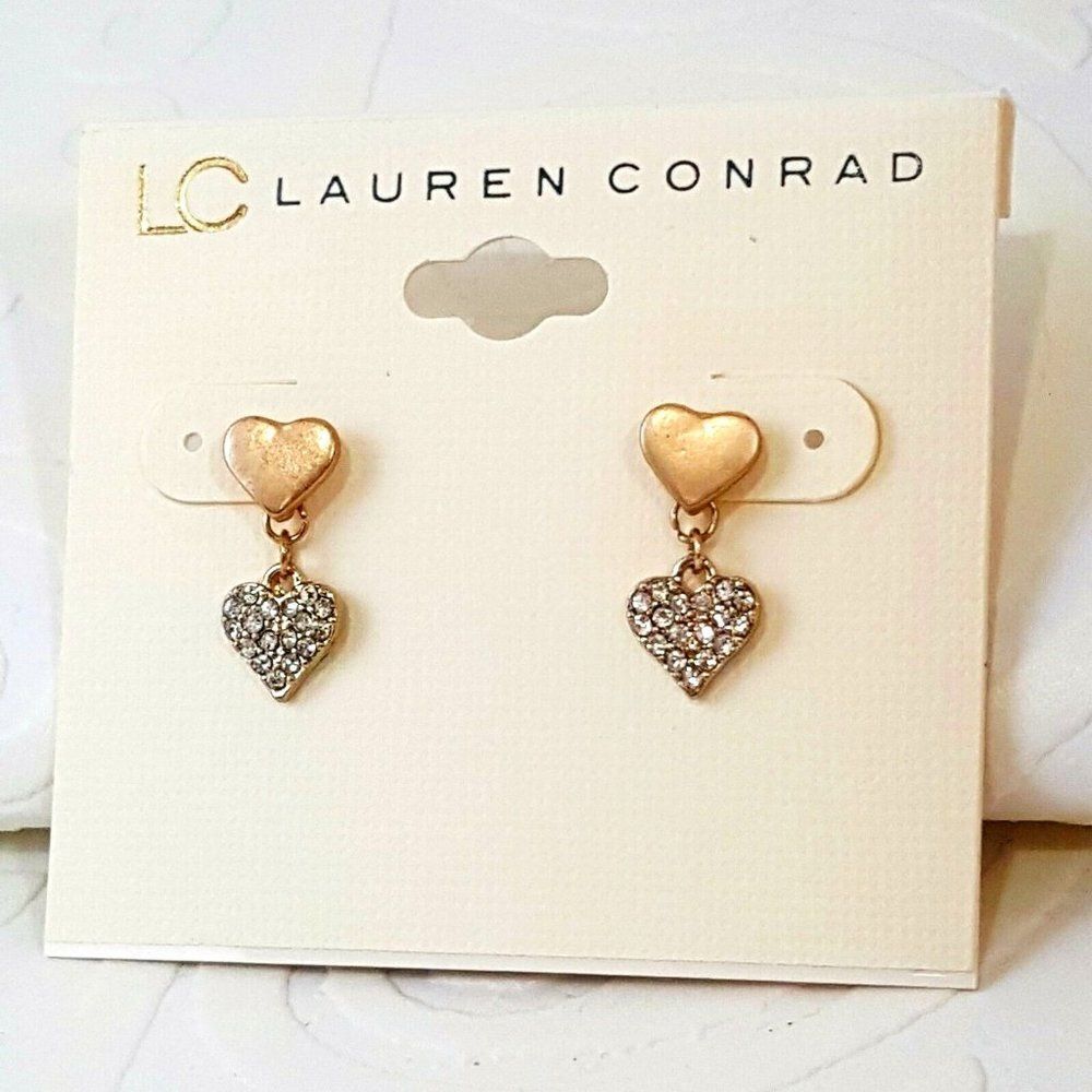 LC LAUREN CONRAD Gold Paved Double Heart Earrings